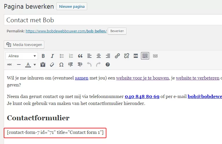 contact form 7 -plaatsen op pagina