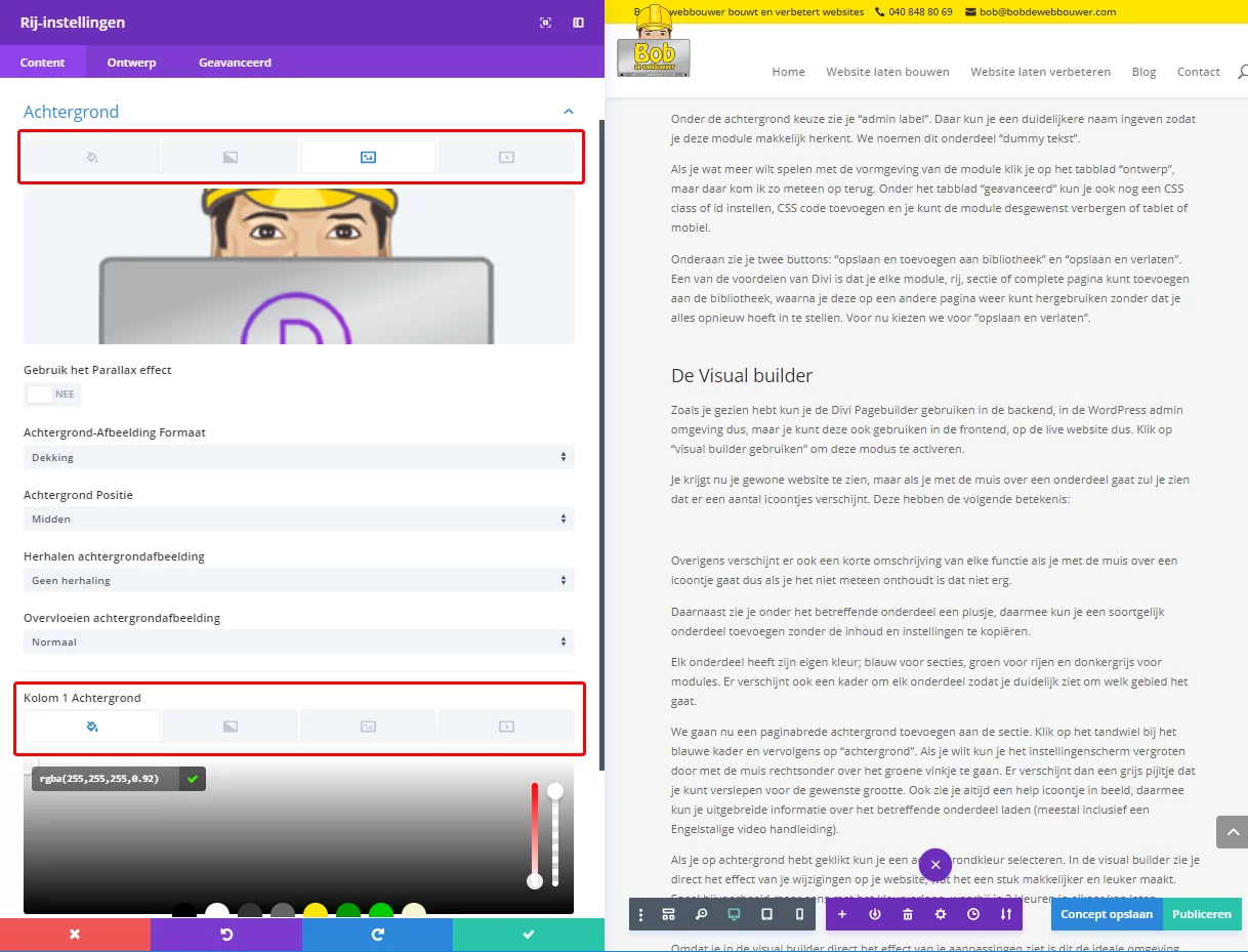 De achtergrond instellingen in de Divi visual builder